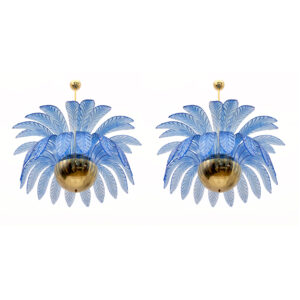 Pair of Palm Leaves Big Chandelier Murano Glass and Brass 70s