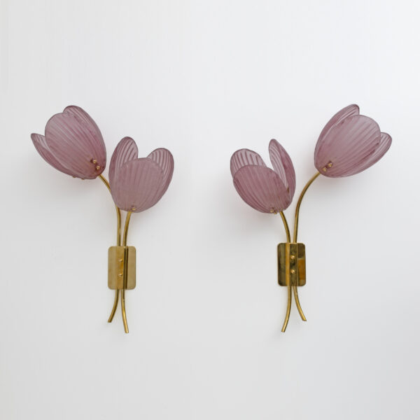 Pair of Tulips Murano Glass and Brass Sconces