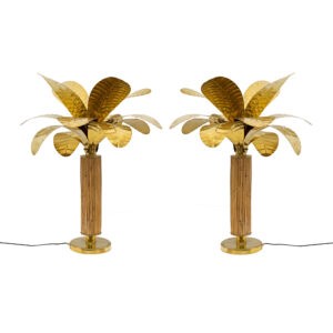 Pair of Brass and Rattan Palm Tree Lamps, 1970s