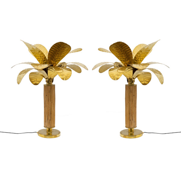 Pair of Brass and Rattan Palm Tree Lamps, 1970s