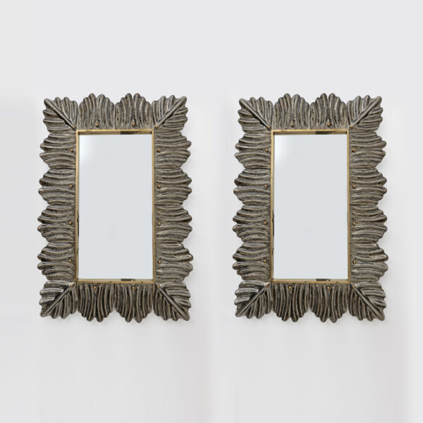 Pair of Italian Brass and Leaf Murano Glass Wall Mirrors