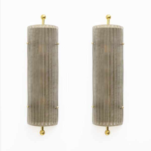Pair of Art Deco Style Smoked Murano Glass and Brass Sconces