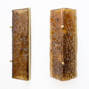 Pair of Mazzega Style Amber Murano Glass and Brass Sconces
