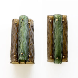 Pair of Amber and Green Murano Glass and Brass Sconces