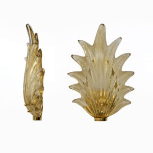 Pair Barovier & Toso Style Italian Murano Glass Leaf Sconces