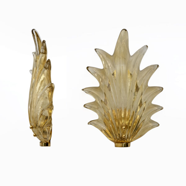 Pair Barovier & Toso Style Italian Murano Glass Leaf Sconces