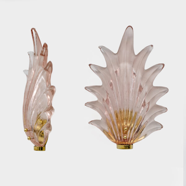 Pair Barovier & Toso Style Italian Murano Glass Leaf Sconces