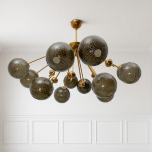 “Galaxy” Chandelier in Brass and Fumé Murano Glass