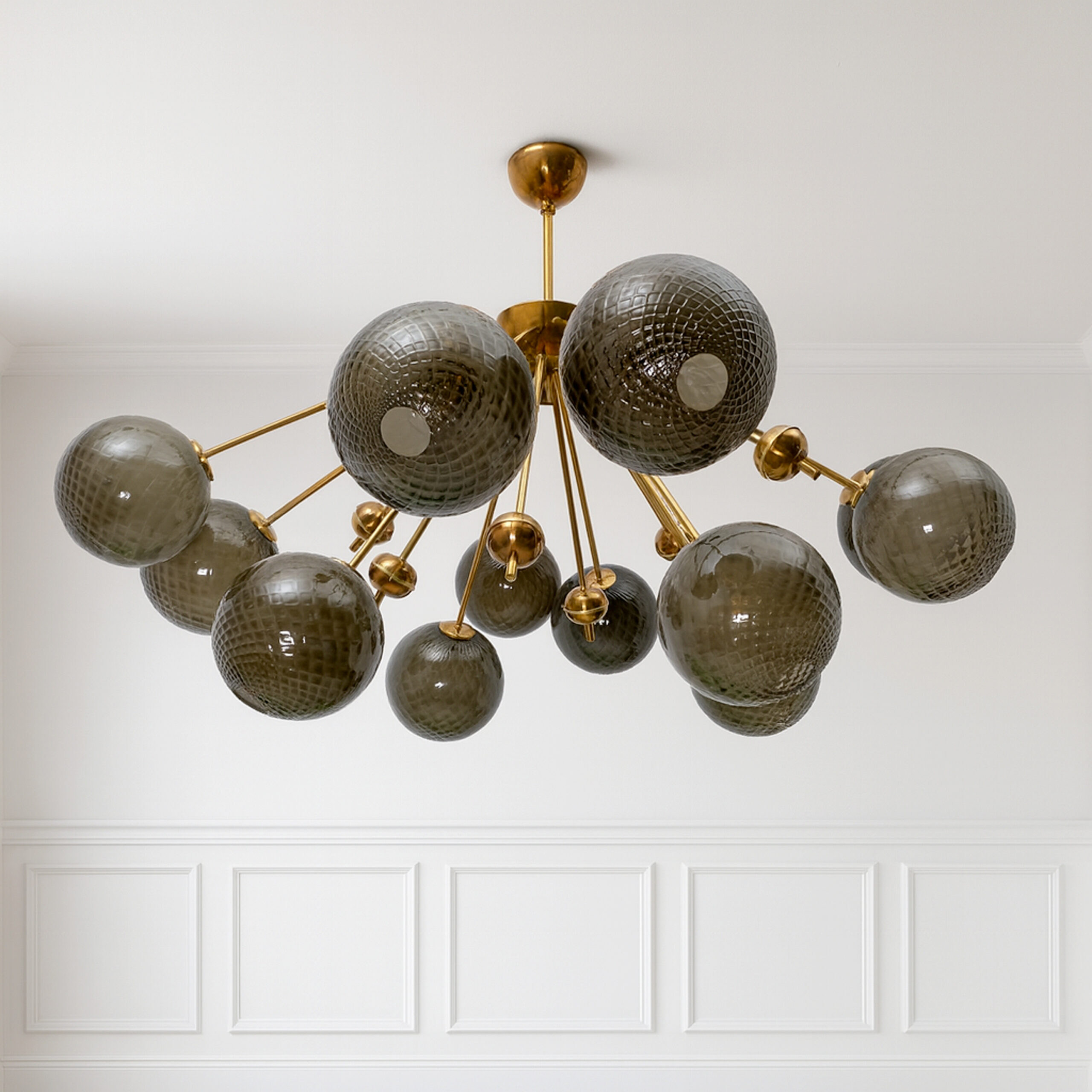 “Galaxy” Chandelier in Brass and Fumé Murano Glass