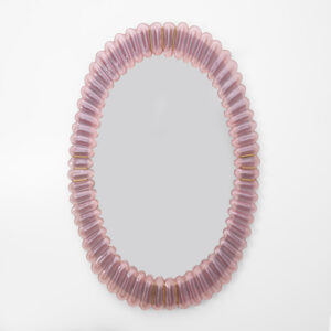 Italian oval mirror in brass and pink blown Murano glass