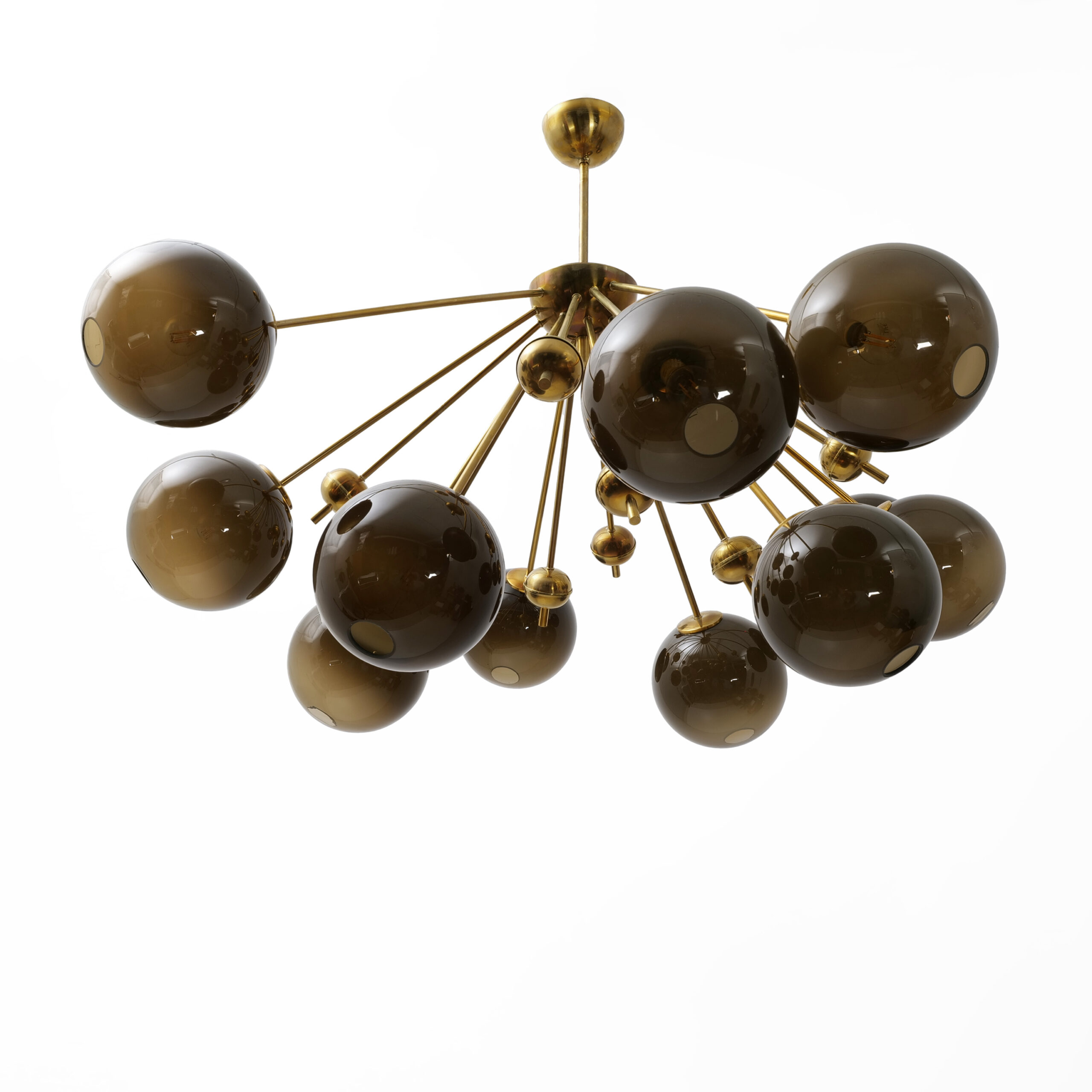 “Galaxy” Chandelier in Brass and Fumé Murano Glass