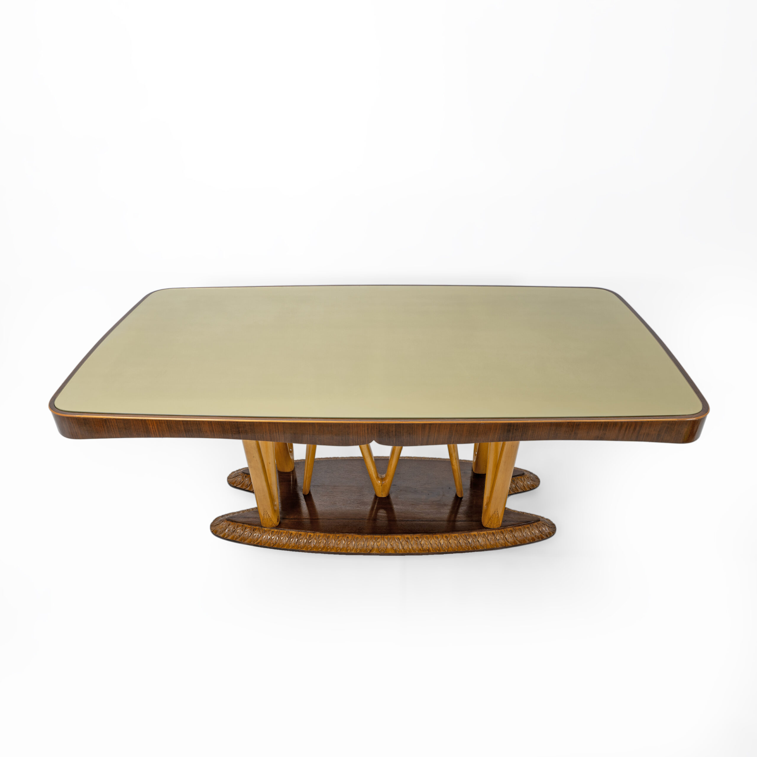 Italian Mid-Century Dining Table Glass Top and Maple Base, 1950s