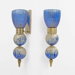 Pair of Murano Glass Blue Wall Sconces with Gold Dust Inclusions