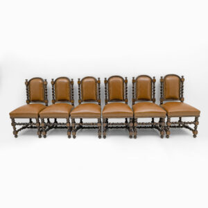 Six of Neo-Renaissance Walnut Dining Chairs in Genuine Leather.