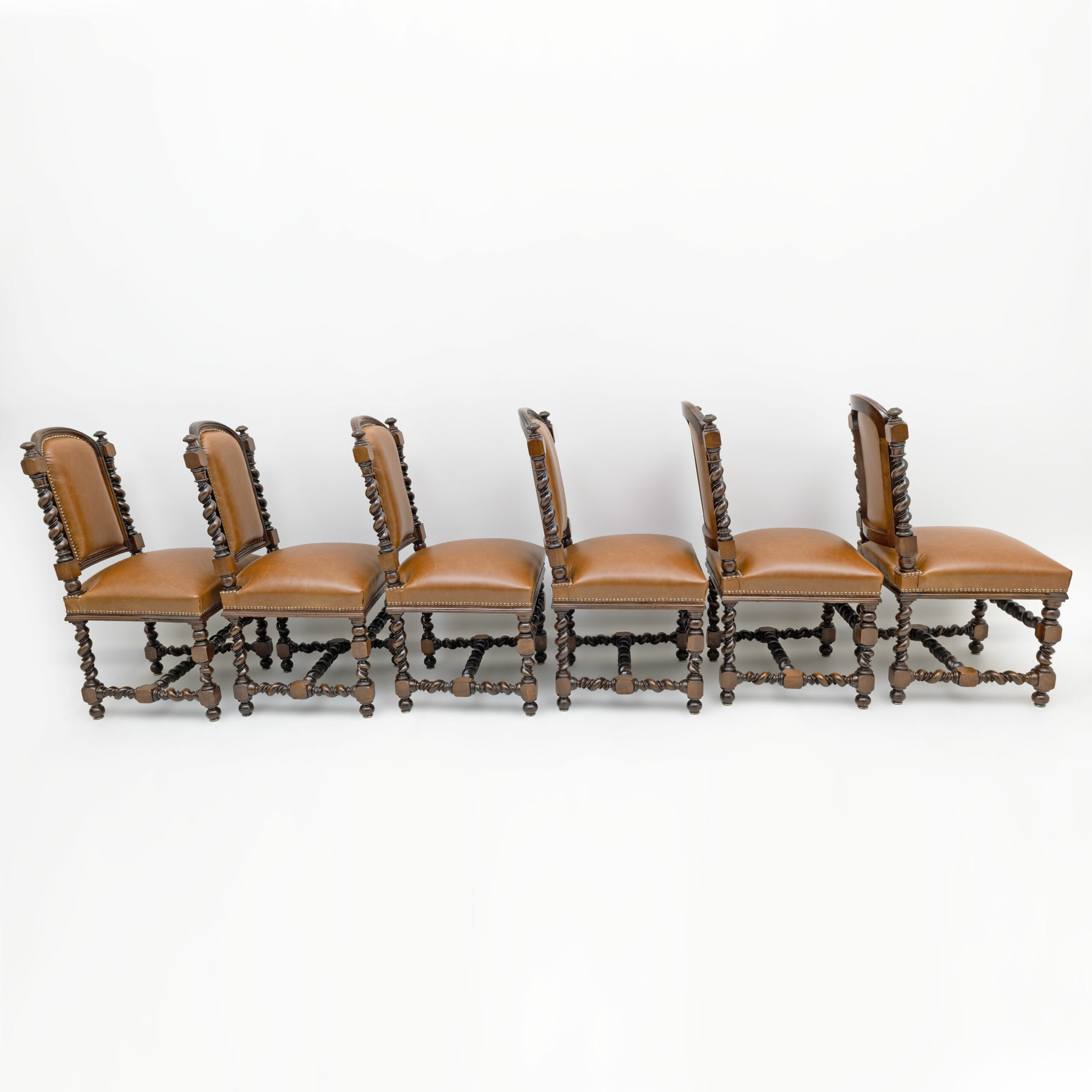 Six of Neo-Renaissance Walnut Dining Chairs in Genuine Leather. - Image 3