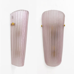 Pair of Murano Glass Wall Sconces in Pink Ribbed, Italy