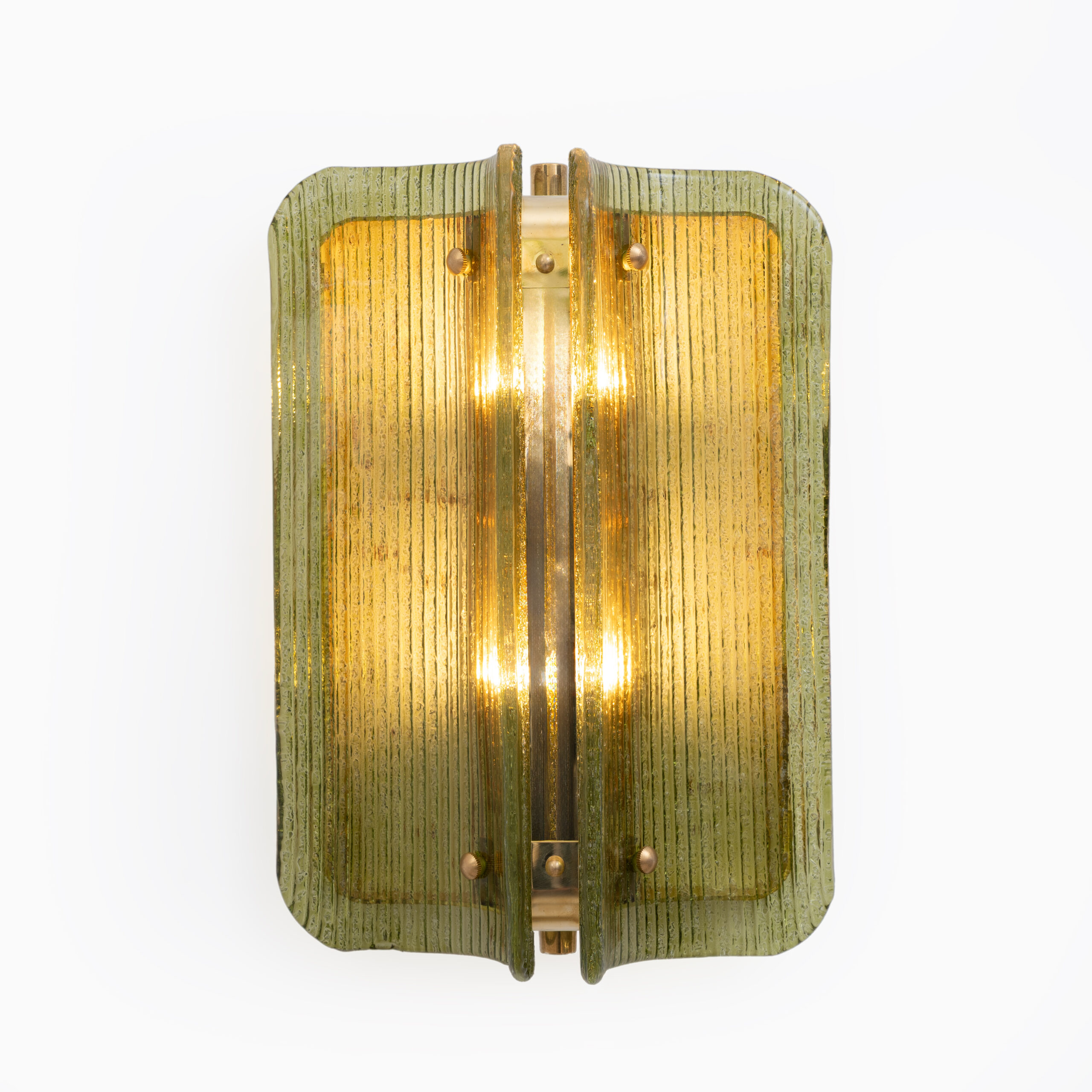 Pair of Curved, Ribbed Murano Glass and Brass Wall Sconces - Image 3