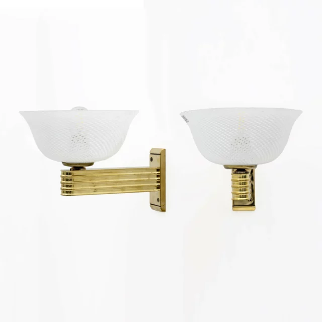 Carlo Scarpa Brass and "Reticello" Murano Glass Sconces for Venini, Pair