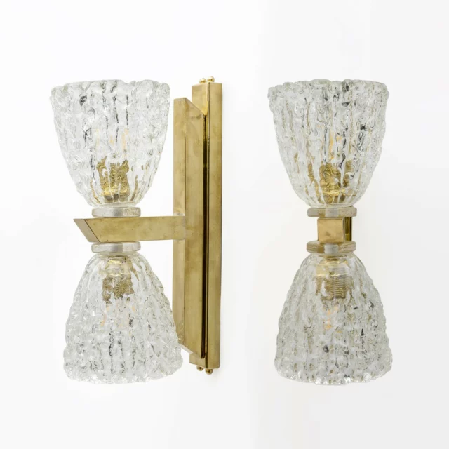 Pair of Art Decò Style Murano Glass and Brass Sconces